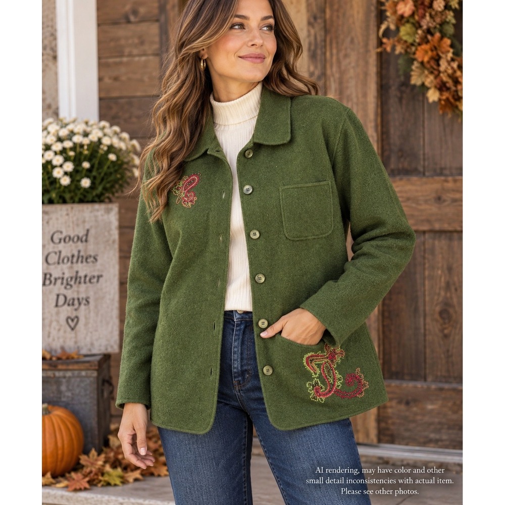 Stonebridge XL Wool Jacket Moss Green Embroidered Beaded Folk Art Cottagecore